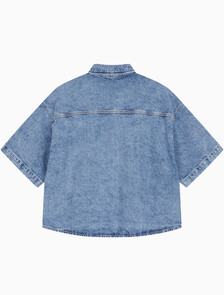 Buy 남성 오버사이즈핏 빈티지 데님 반팔 셔츠 in color MID BLUE BACK EMBRO