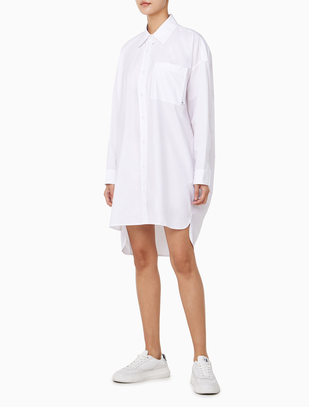 Buy 여성 하이로우 헴 포플린 긴팔 셔츠 드레스 in color BRILLIANT WHITE
