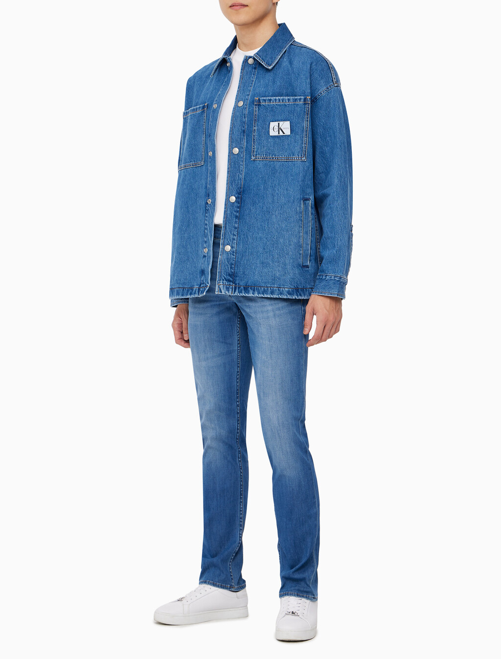 Buy 남성 오버사이즈 데님 셔츠 in color MID BLUE BACK EMBRO