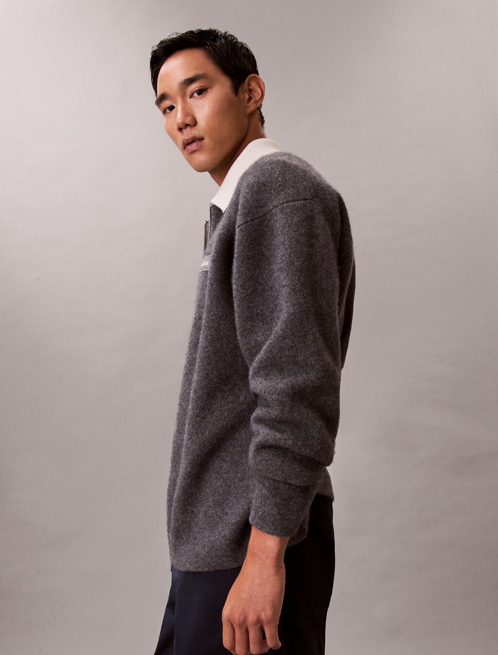 Buy 남성 모일드 메리노 울 콘트라스트 카라 풀집 가디건 in color MEDIUM GREY HEATHER