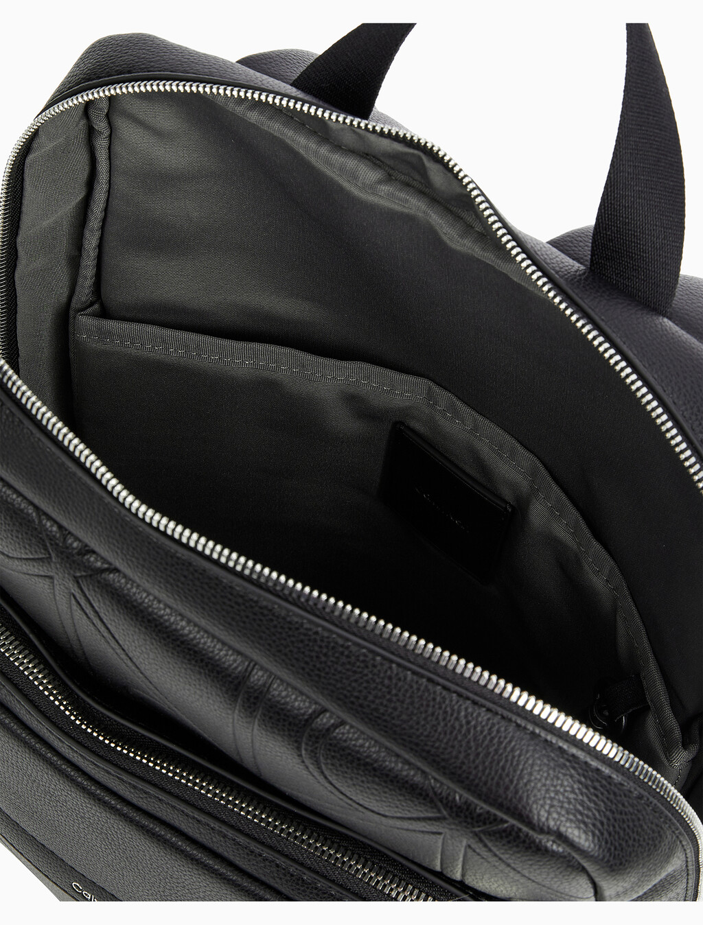 Buy 남성 라지 엠보스드 엠블럼 슬림 스퀘어 백팩 in color BLACK