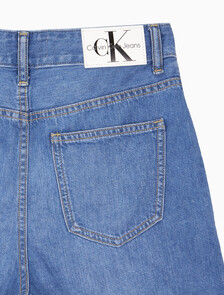 Buy 여성 하이라이즈 와이드 레그 데님 쇼츠 in color MID BLUE BACK EMBRO