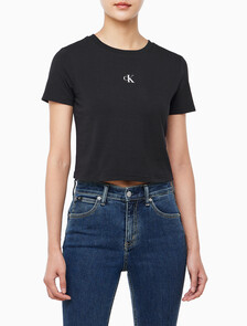 Buy 여성 슬림핏 베이비 크롭 반팔 티셔츠 in color BLACK