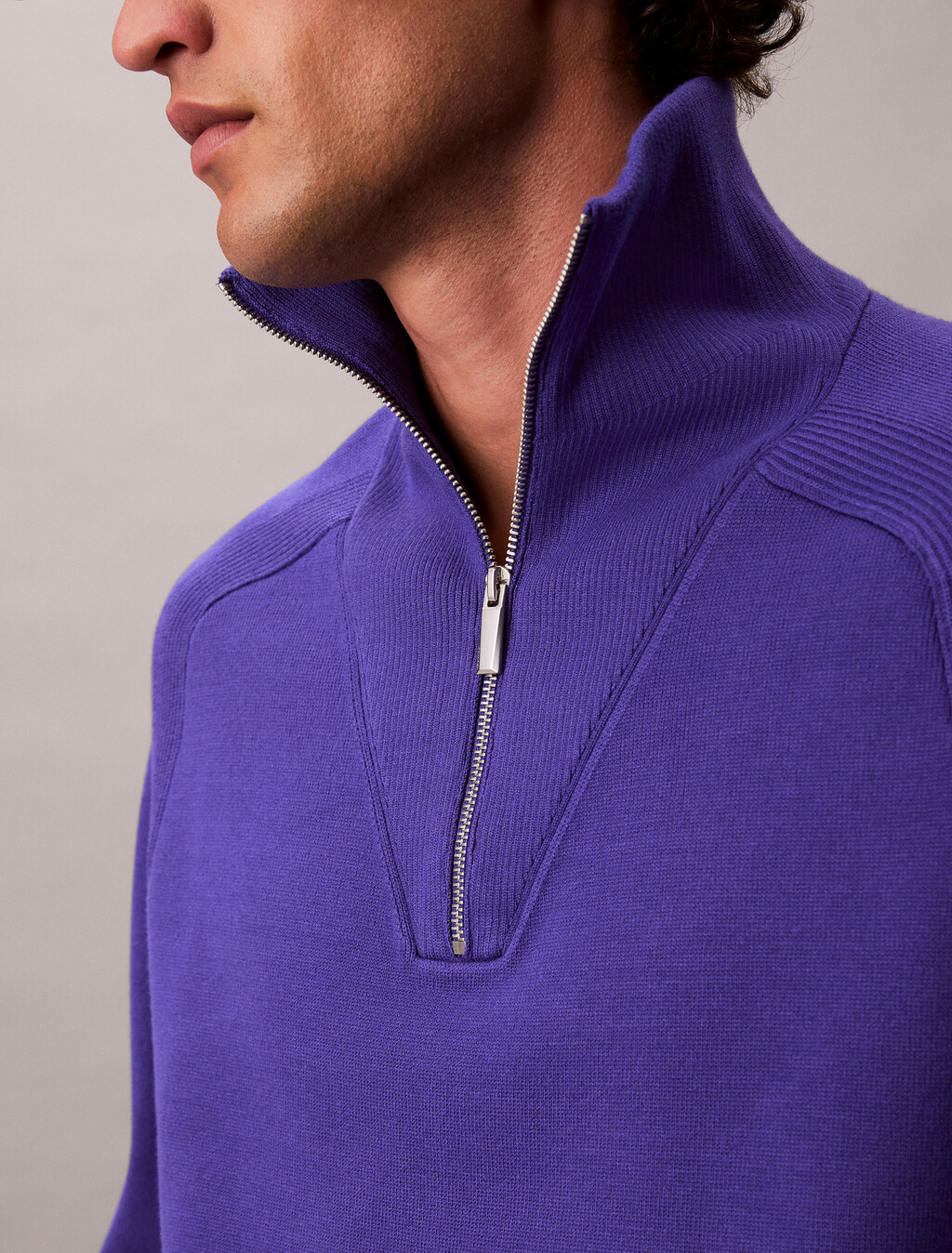 Buy 유니섹스 롱슬리브 테크 니트 쿼터 집업 스웨터 in color TENCEL RINSE BLUE