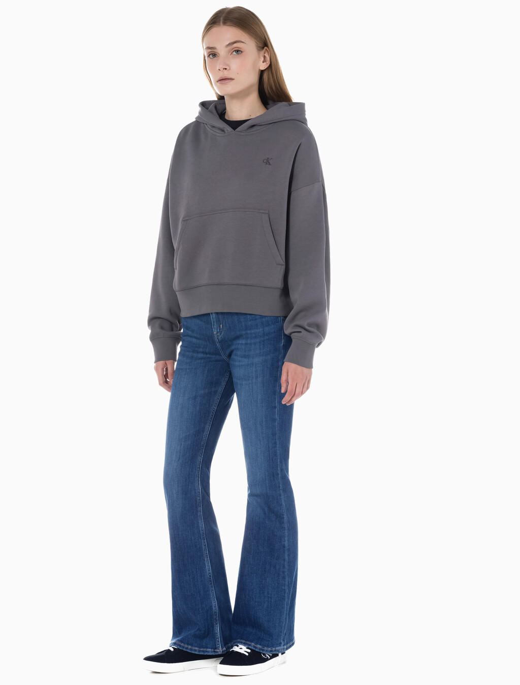 Buy 여성 플레어 핏 기모 다크블루 데님 in color BLUE BLACK HANGER LOOP