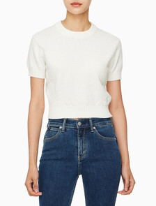 Buy 여성 크롭 반팔 스웨터 in color WHITE