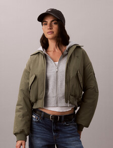 Buy 여성 나일론 숏 봄버 자켓 in color DUSTY OLIVE