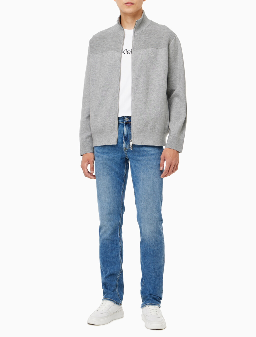 Buy 남성 스탠드 카라 니트 집업 가디건 in color LIGHT GREY HEATHER