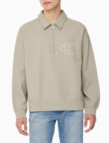 Buy 남성 더블 니트 로고 하프 집업 폴로 스웻셔츠 in color VINTAGE KHAKI