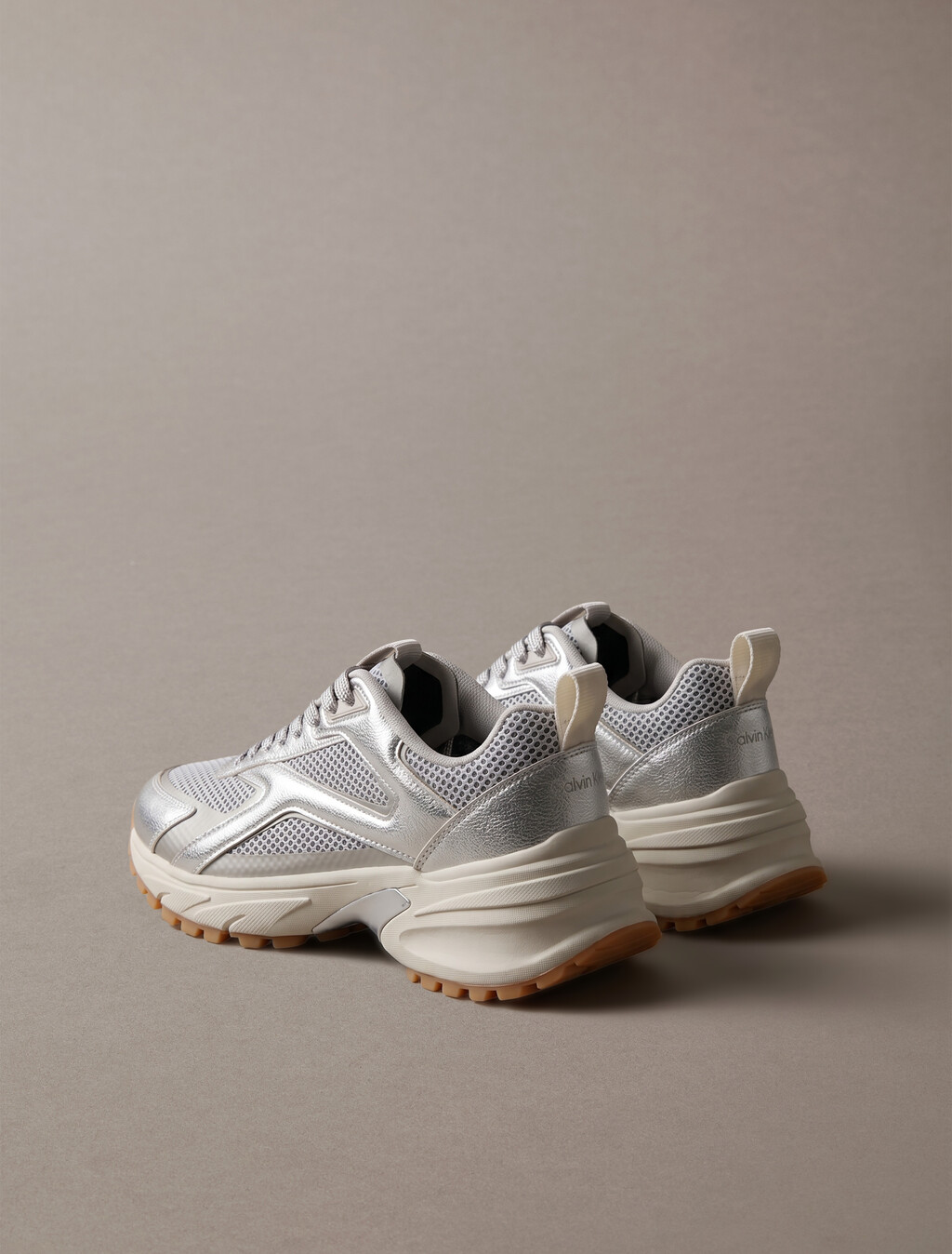Buy 여성 하이크 러너 CK 스트라이프 메쉬 레더 메탈 스니커즈 in color Silver/Dk Ecru/Light Gum