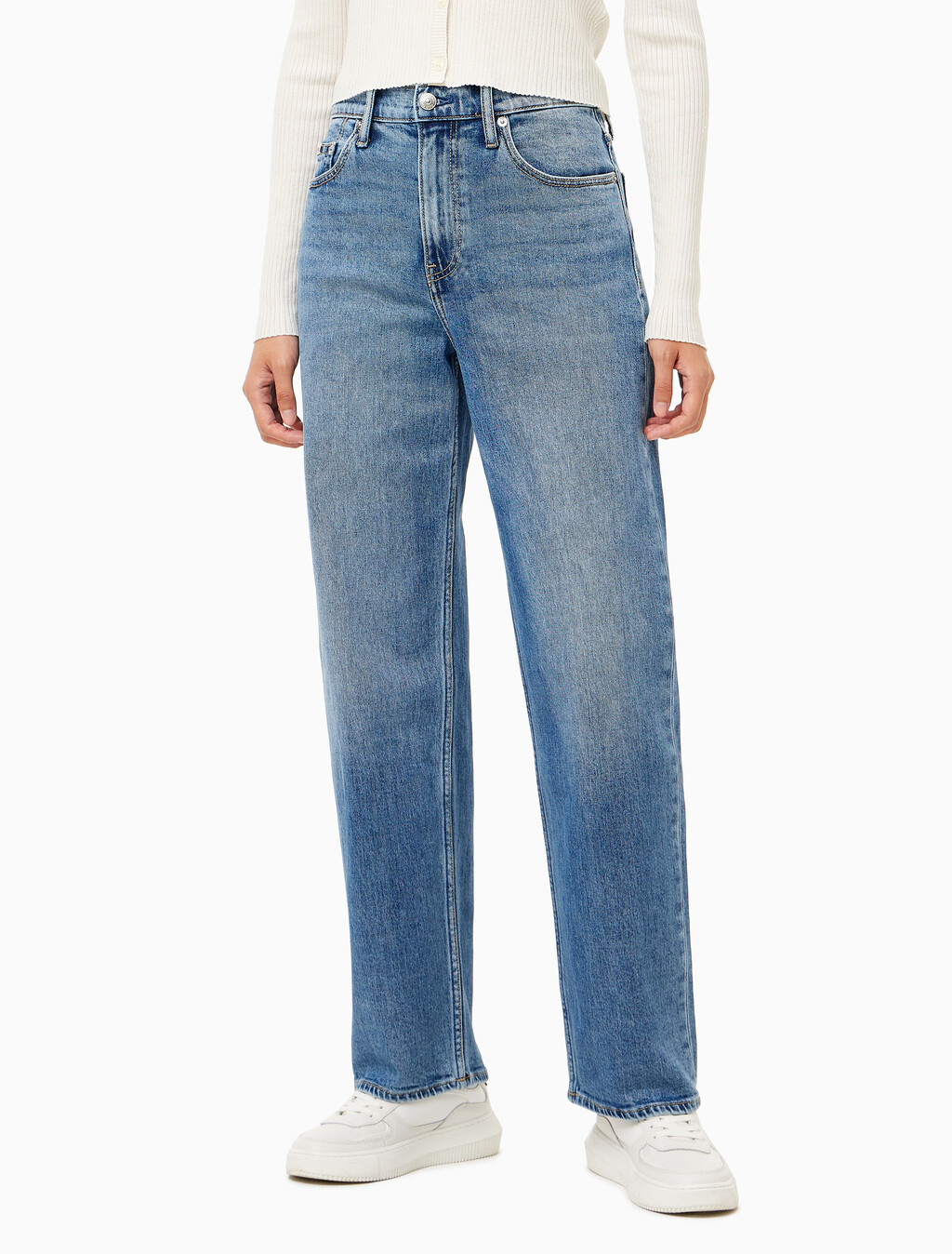 Buy 여성 하이라이즈 루즈핏 미드블루 데님 in color MID BLUE BACK EMBRO