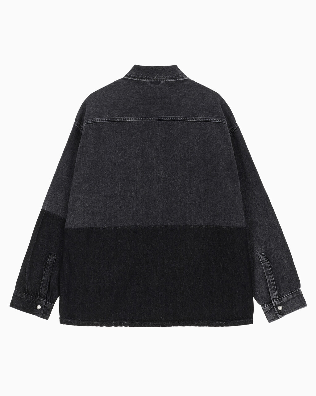 Buy 남성 오버사이즈 유틸리티 블랙 데님 셔츠 재킷 in color GREY STEPPED RELEASE HEM
