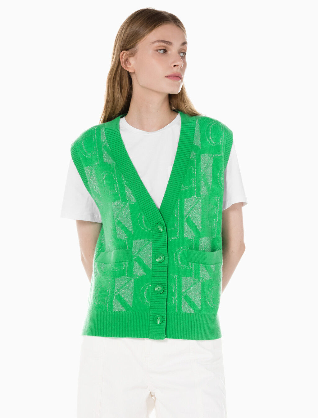 Buy 여성 프리미엄 라인 메탈릭 올오버프린트 베스트 in color GREEN