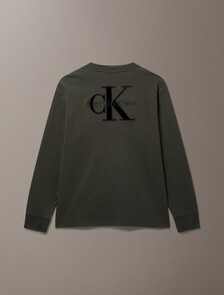 Buy 남성 릴렉스 벨벳 백 모노로고 그래픽 긴팔 티셔츠 in color Green Stone 