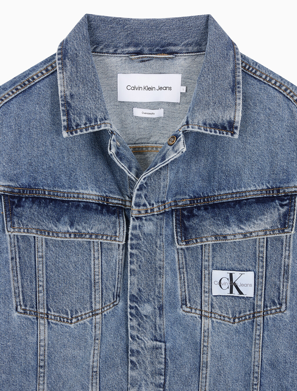 Buy 남성 박시 데님 자켓 in color MID BLUE BACK EMBRO