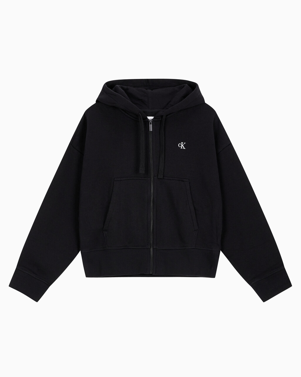 Buy 여성 릴렉스핏 CK 스몰 로고 크롭 기모 후드 집업 in color BLACK BEAUTY