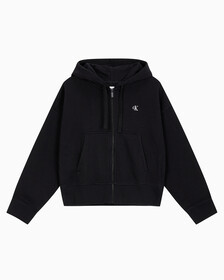 Buy 여성 릴렉스핏 CK 스몰 로고 크롭 기모 후드 집업 in color BLACK BEAUTY
