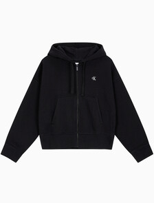 Buy 여성 아카이브 릴렉스핏 CK 스몰 로고 크롭 기모 후드 집업 in color BLACK BEAUTY