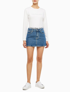 Buy 여성 로우 라이즈 A라인 데님 스커트 in color MID BLUE BACK EMBRO