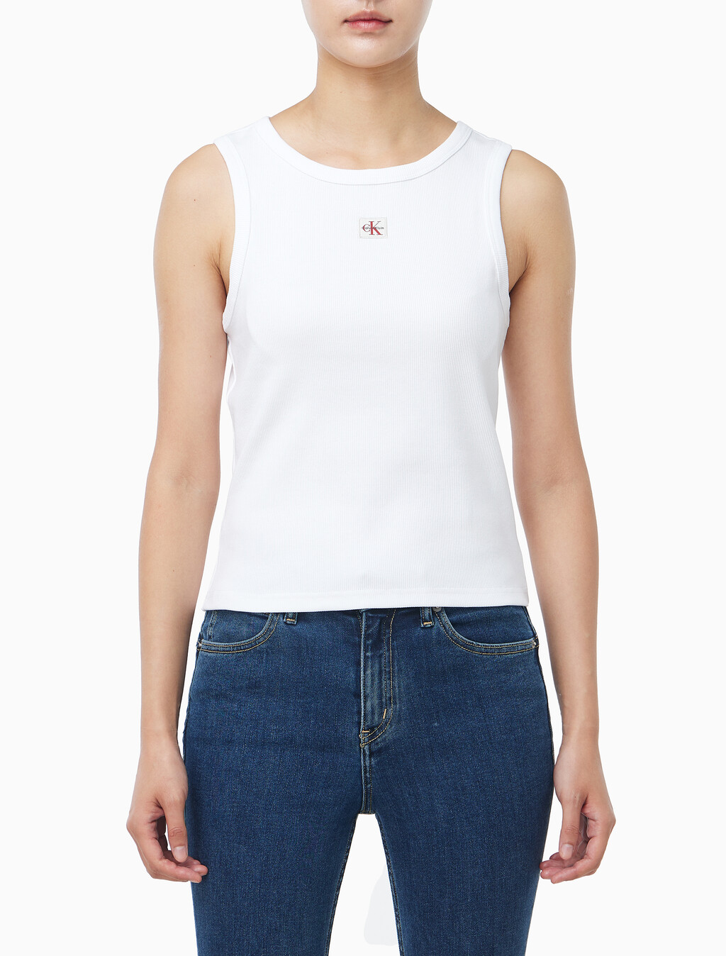 Buy 여성 우븐라벨 코튼 립 탱크 탑 in color BRILLIANT WHITE