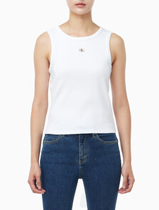 Buy 여성 우븐라벨 코튼 립 탱크 탑 in color BRILLIANT WHITE