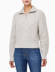 Buy 여성 크롭 하프 집 울 스웨터 in color LIGHT GREY HEATHER