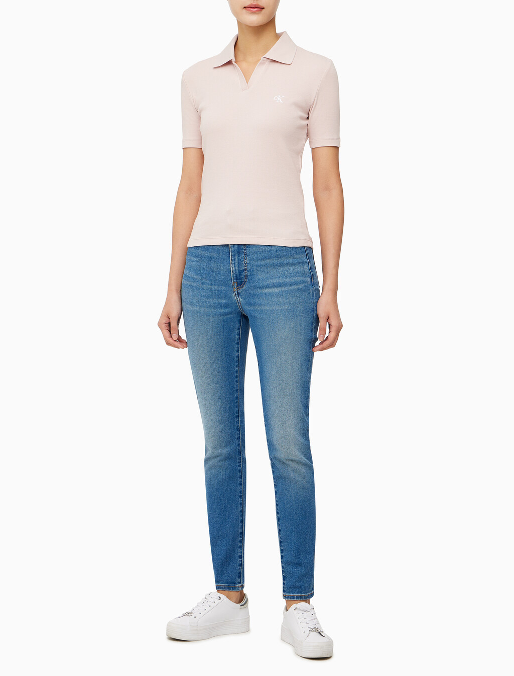 Buy 여성 슬림핏 립 브이넥 폴로 티셔츠 in color PINK