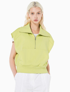 Buy 여성 드롭숄더 하프집업 슬리브리스 니트탑 in color YELLOW SAND