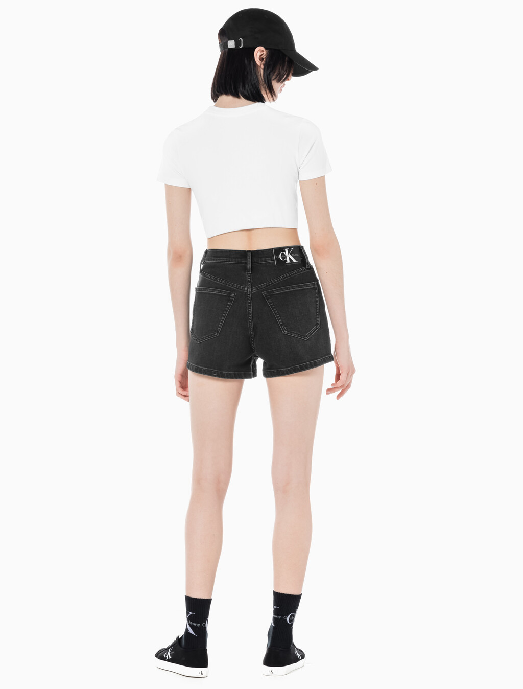 Buy 여성 하이라이즈 블랙 데님 쇼츠 in color WASHED BLACK LOGO LACE