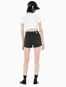 Buy 여성 하이라이즈 블랙 데님 쇼츠 in color WASHED BLACK LOGO LACE