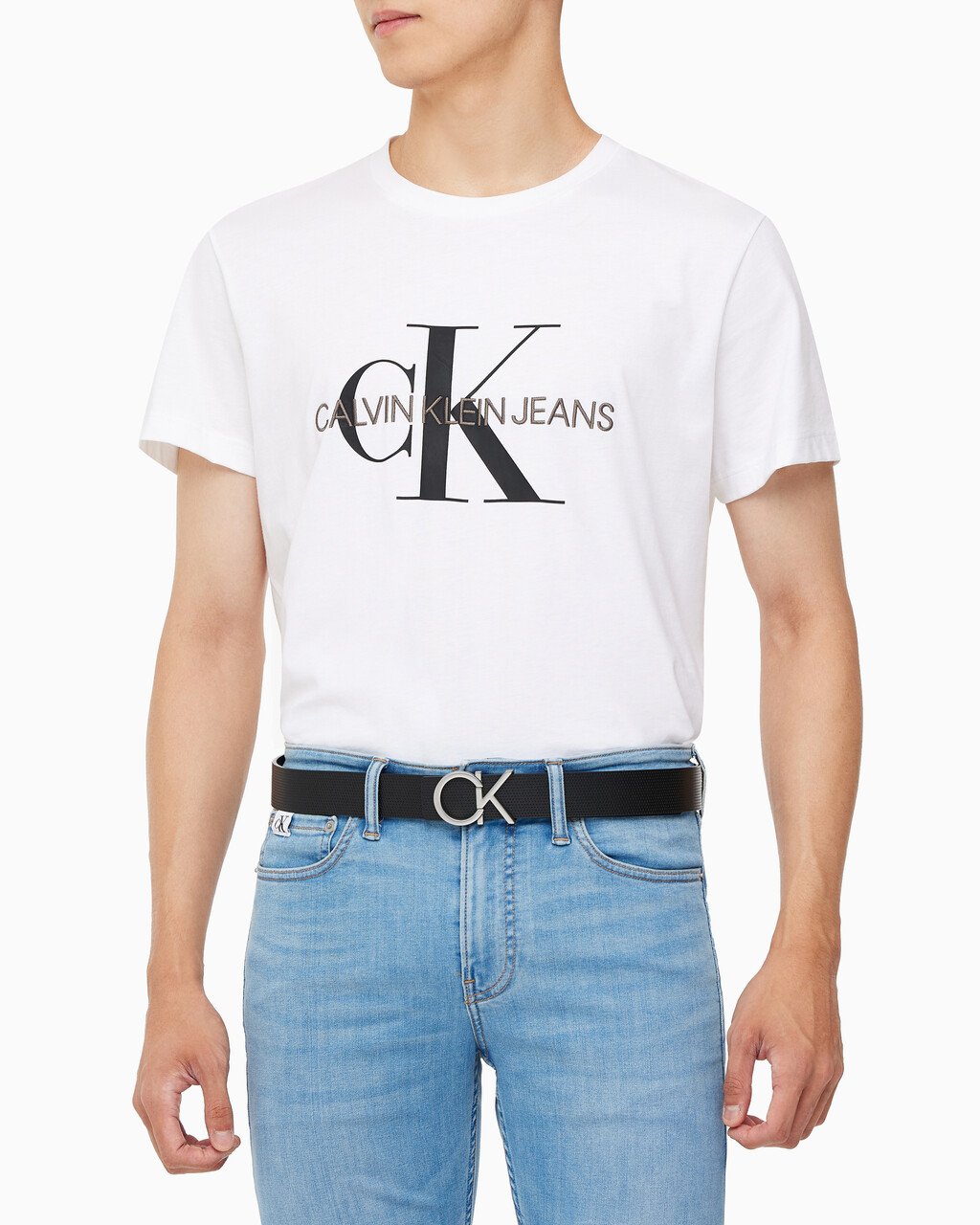 Buy 남성 CKJ 모노그램 프리미엄 로고 리버시블 벨트 in color BLACK