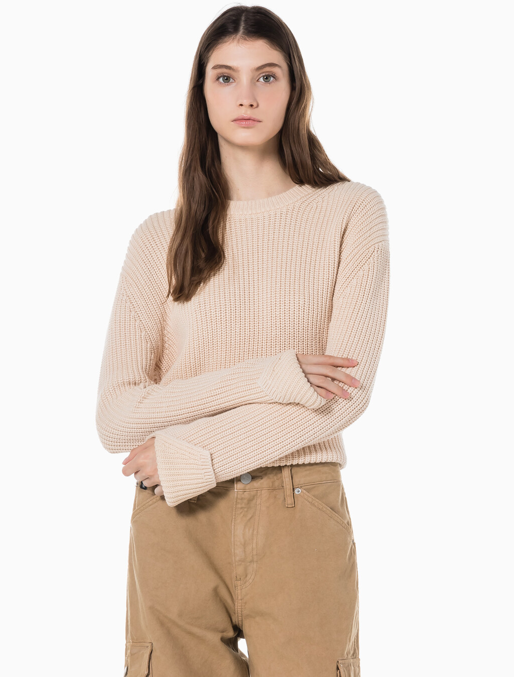 Buy 여성 롱슬리브 라운드넥 스웨터 in color NEUTRAL TAN