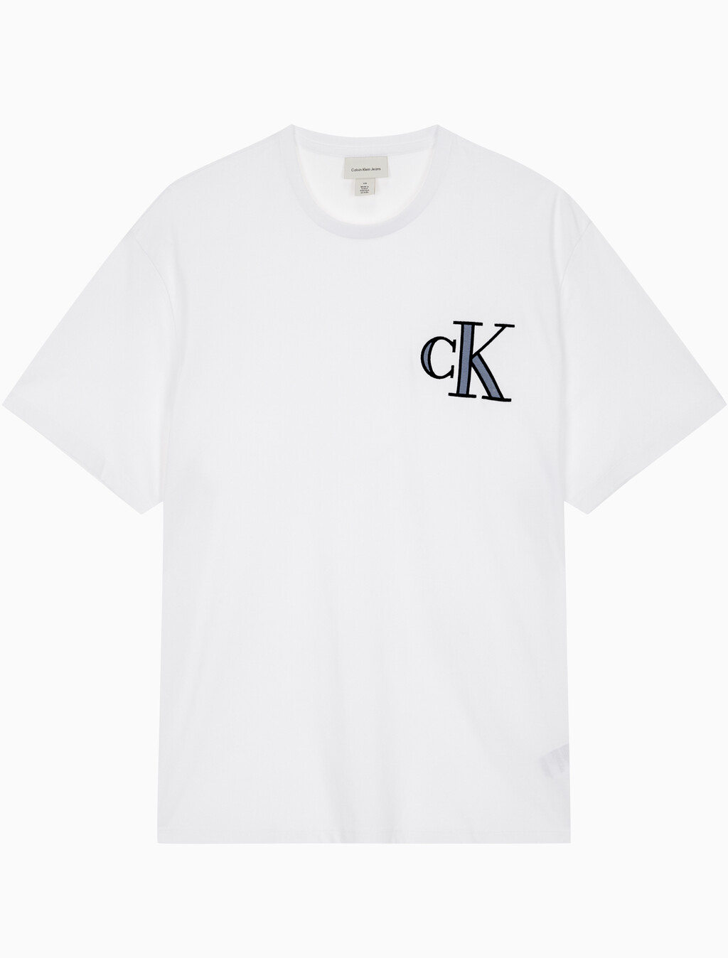 Buy 남성 릴렉스핏 바시티 CK 로고 패치 반팔 티셔츠 in color BRILLIANT WHITE