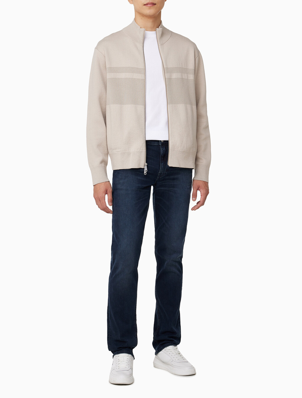 Buy 남성 릴렉스핏 스트라이프 집업 니트 가디건 in color BEIGE