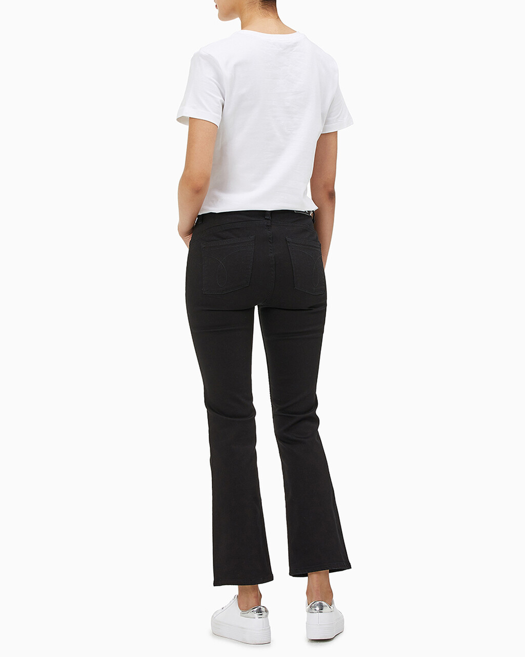 Buy 여성 하이라이즈 바디 슬림 부츠핏 앵클 데님 in color WASHED BLACK LOGO LACE