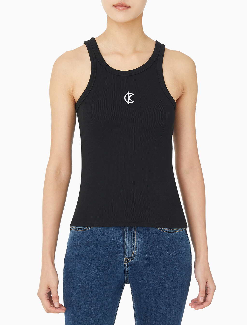 Buy 여성 코튼 컨투어 립 CK 탱크 in color BLACK
