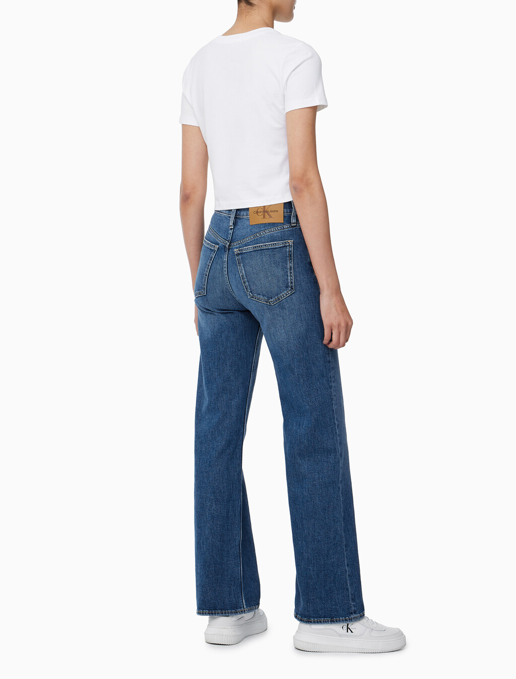 Buy 여성 하이라이즈 와이드핏 미드블루 데님 in color MID BLUE BACK EMBRO