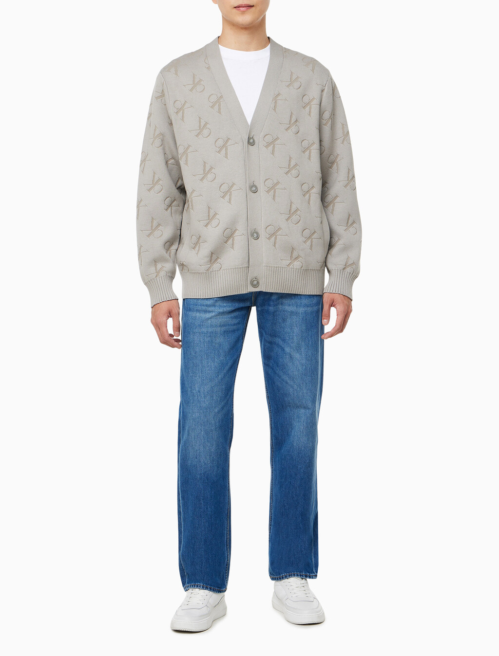 Buy 남성 릴렉스핏 AOP 캐시미어 가디건 in color KHAKI BEIGE