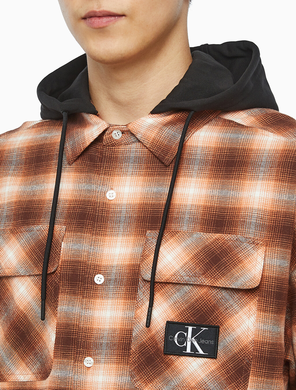 Buy 남성 롱슬리브 후디 플래드 오버셔츠 in color DARK BROWN