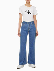 Buy 여성 하이라이즈 와이드핏 미드블루 데님 in color MID BLUE BACK EMBRO