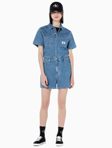 Buy 여성 미드블루 데님 숏 오버롤 in color MID BLUE BACK EMBRO