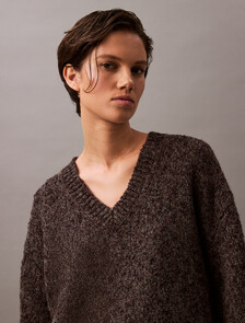 Buy 여성 텍스처드 멜란지 울 브이넥 스웨터 in color BROWN