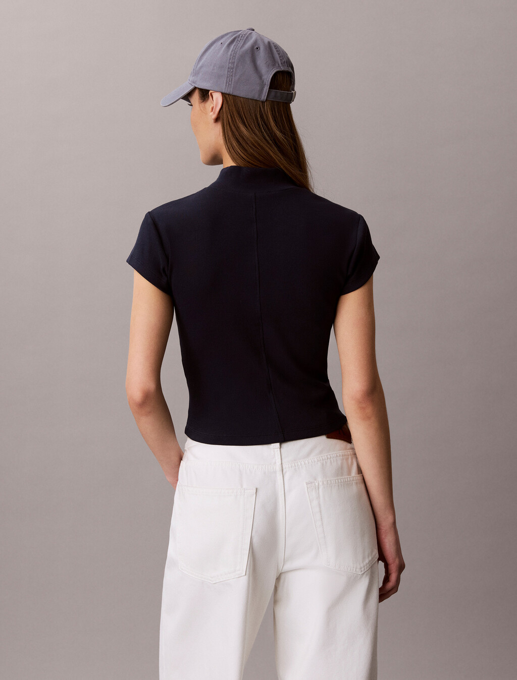 Buy 여성 우븐라벨 베이비립 집 목크넥 티 in color DARK SAPPHIRE