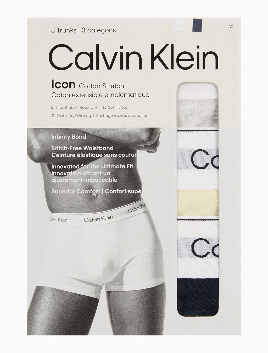 Buy 남성 아이콘 코튼 스트레치 3PK 트렁크 in color WHITE/ YELLOW / DARK NAVY