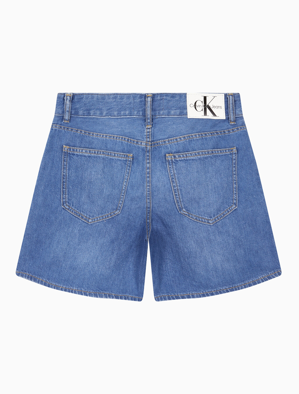 Buy 여성 하이라이즈 와이드 레그 데님 쇼츠 in color MID BLUE BACK EMBRO
