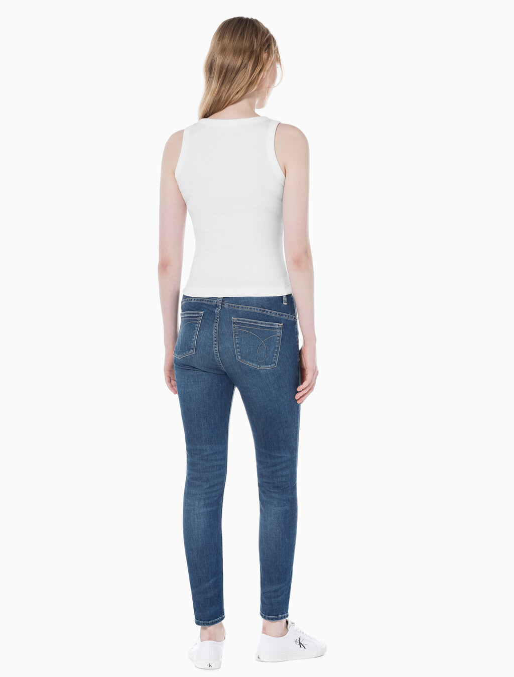 Buy 여성 하이라이즈 스키니핏 앵클 다크블루 37.5 기능성 데님 in color MID BLUE BACK EMBRO