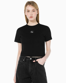 Buy 여성 로고 뱃지 크롭 반팔 티셔츠 in color CK BLACK