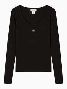 Buy 여성 L/S 우블 라벨 스쿱넥 립 티셔츠 in color BLACK