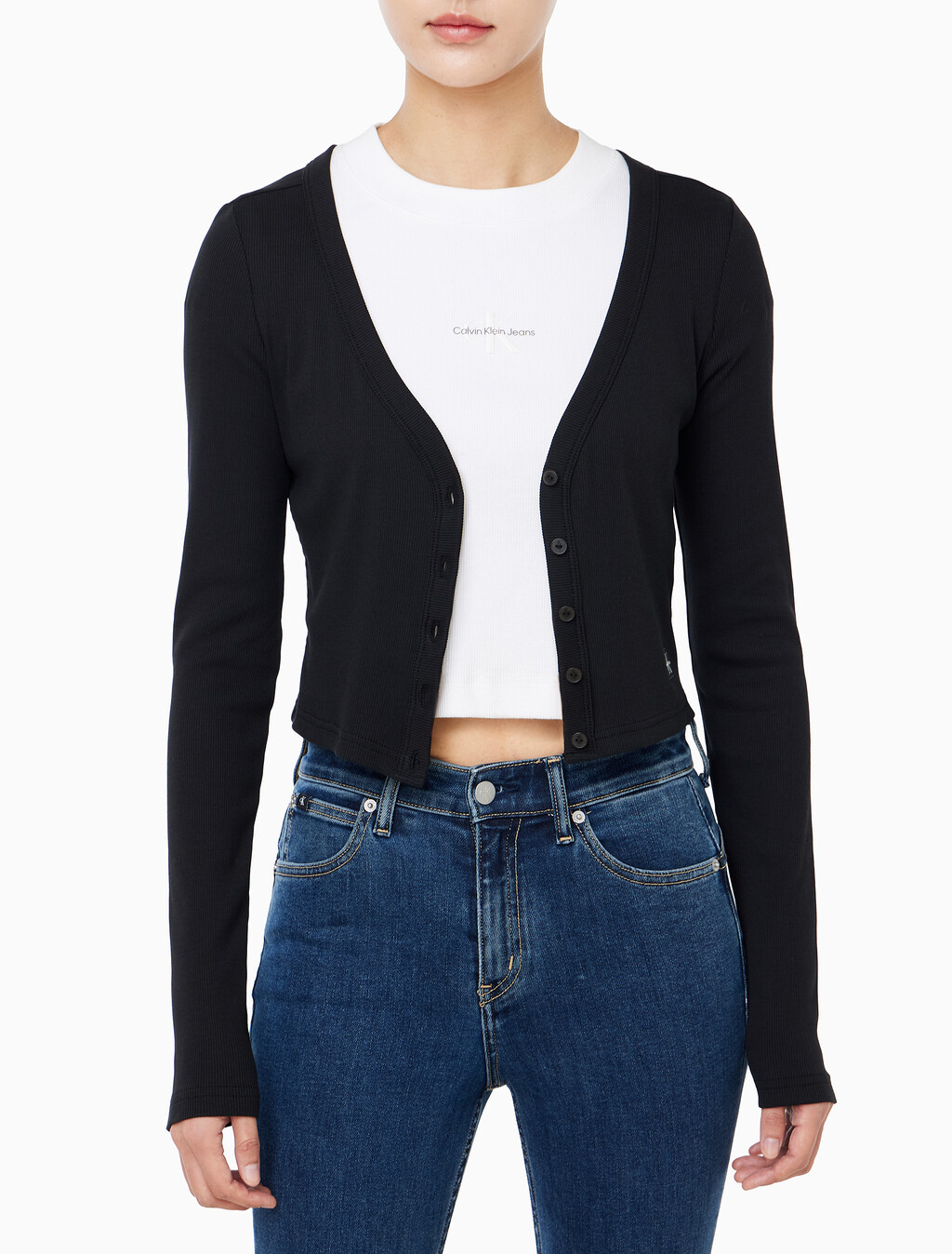 Buy 여성 우븐라벨 베이비립 가디건 in color BLACK