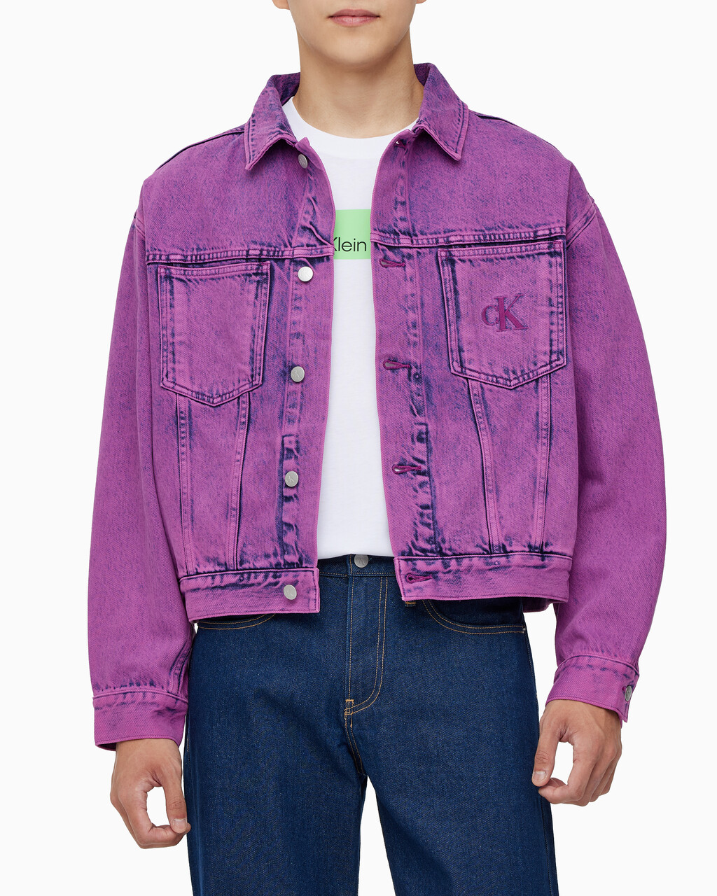 Buy 남성 박시 데님 자켓 in color MID BLUE BACK EMBRO